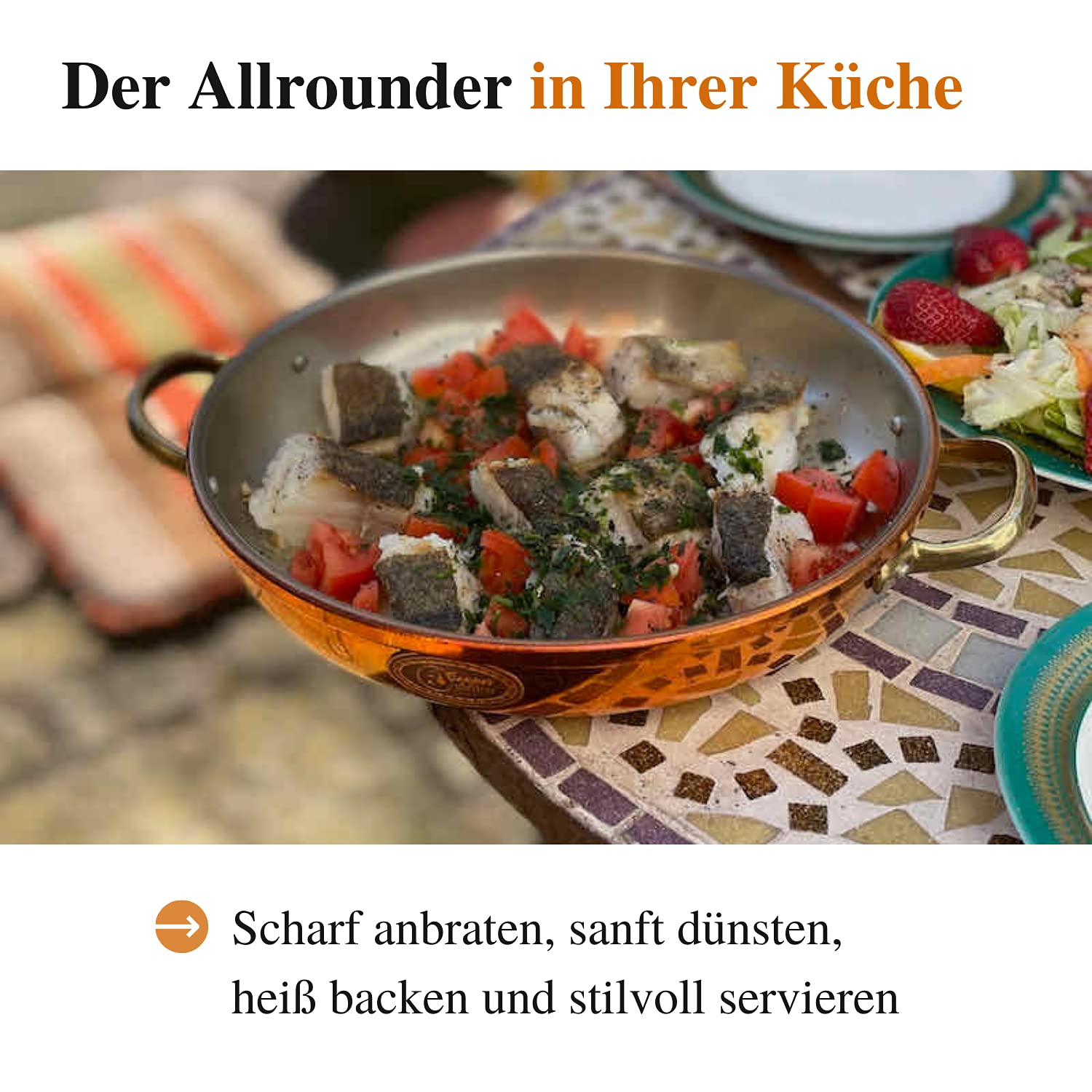 Copper Garden Kupfer Schmorpfanne 28 cm mit Griffen I lebensmittelecht verzinnt: Ideale Wärmeleitung/-verteilung I hoch & stabil zum Braten, Überbacken, Servieren etc.