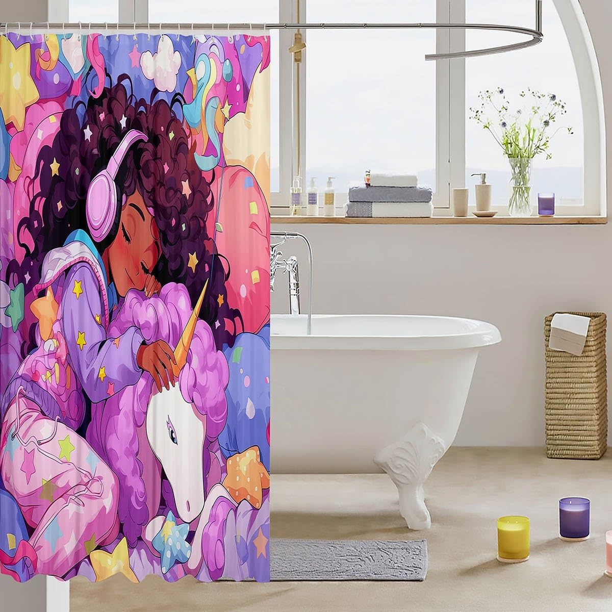 Afro Hair Girl Bath Curtain for Little Girls,Toddlers Unicorn Cute Afro Melanin Princess Shower Curtain 72"Wx78"L,Cartoon Horse American Black Girls Bathroom Shower Curtain Sets Kawaii Room Decor