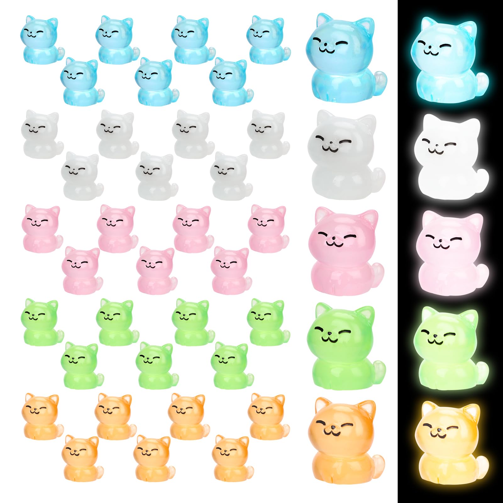 20pcs Luminous Miniature Cat, 5 Colors Mini Resin Cat Tiny Small Cats Statues Glow in The Dark Animals Figurines Figures to Hide for Garden Dollhouse Party Favor Decorations