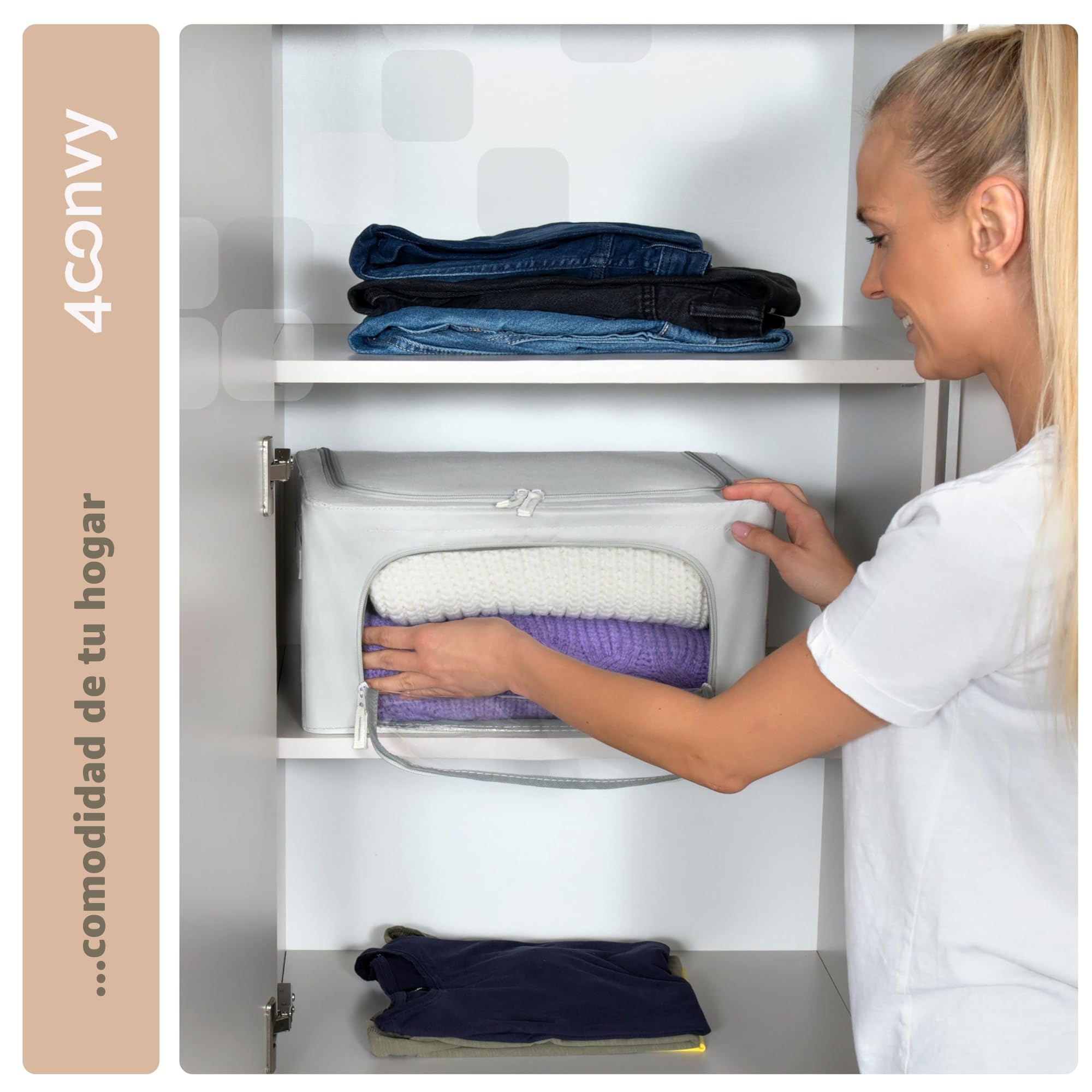 4CONVY Cajas de Almacenaje de Ropa para Armario con Cremallera y Estructura Metálica - Cajas Organizadoras Rígidas Apilables - Bolsas de Almacenaje para Ropa, Mantas, Edredones, Colchas - 2x24L