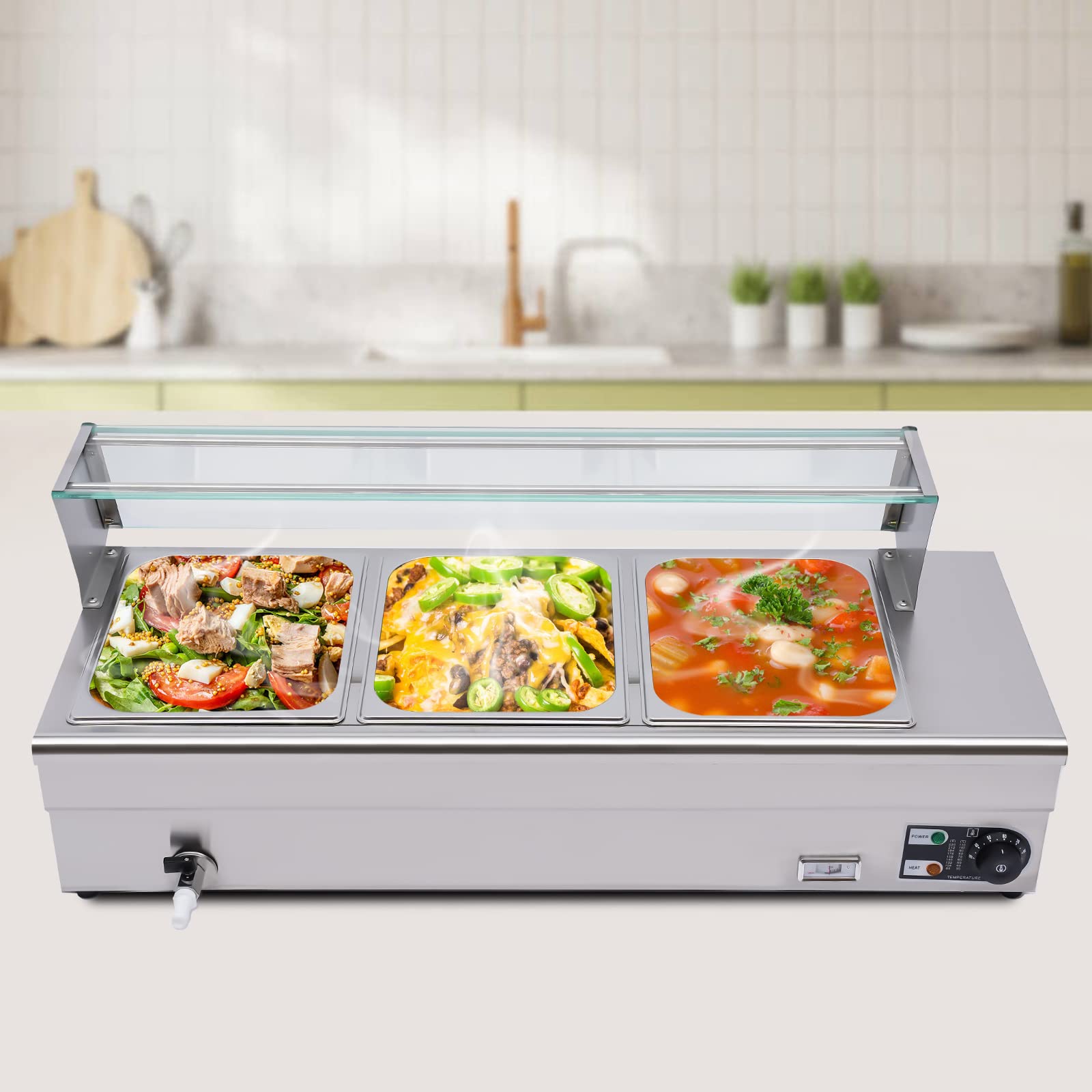 Chafing Dish, scaldavivande elettrico da ristorante, 1200 W, piano di lavoro elettrico per alimenti, 6,34 quart con targa in vetro temperato