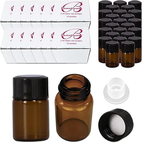 Beauticom Vial de vidrio ámbar de 01fl oz 144 piezas para aceites esenciales aromaterapia fragancia sueros Spritzes con reductor de orificios y tapa
