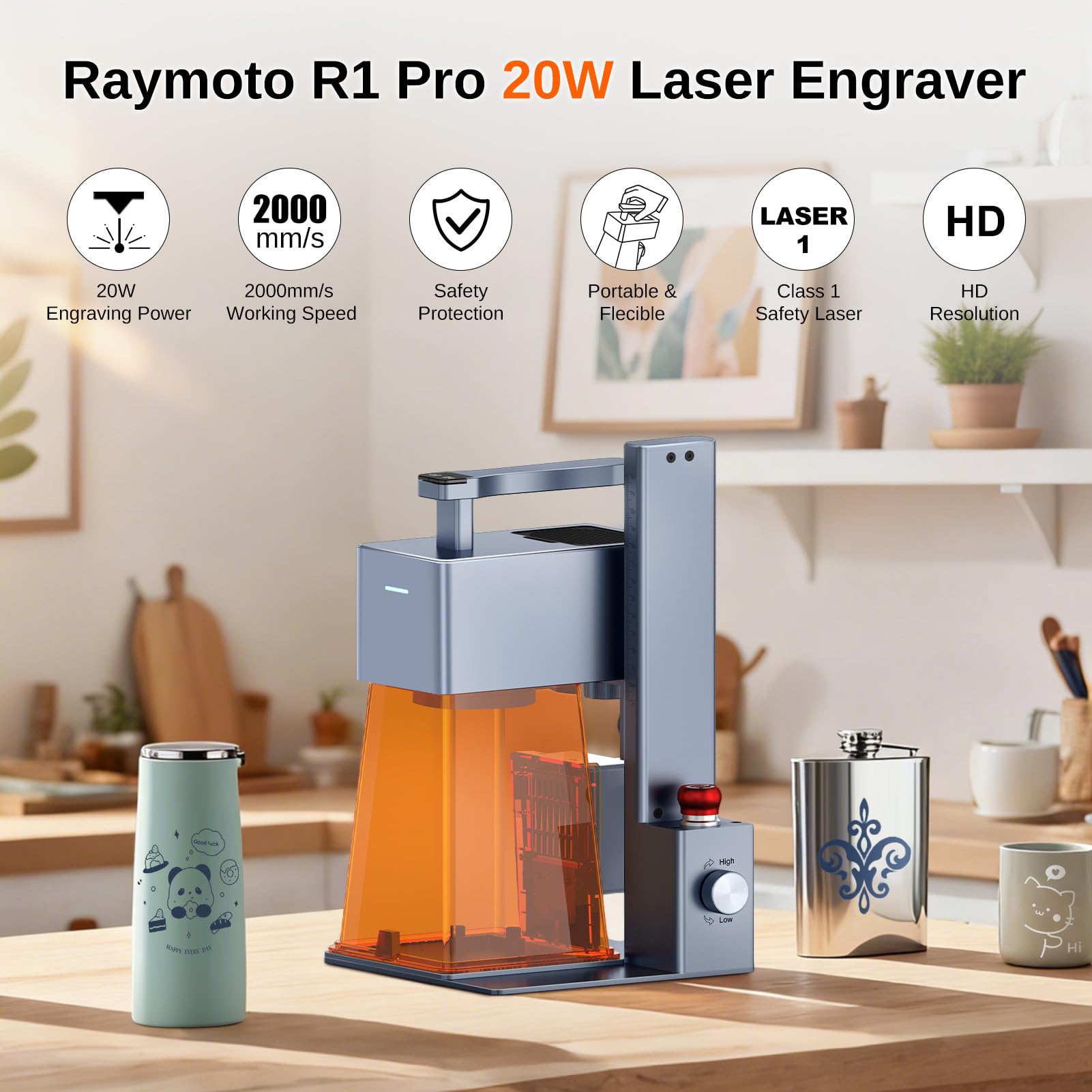 Máquina de grabado láser Raymoto R1 PRO de 20 W, grabadora láser compacta y portátil,resolución de alta precisión de 0,08 mm,velocidad de grabado de 120000 mm/min.Capaz de grabar madera contrachapada