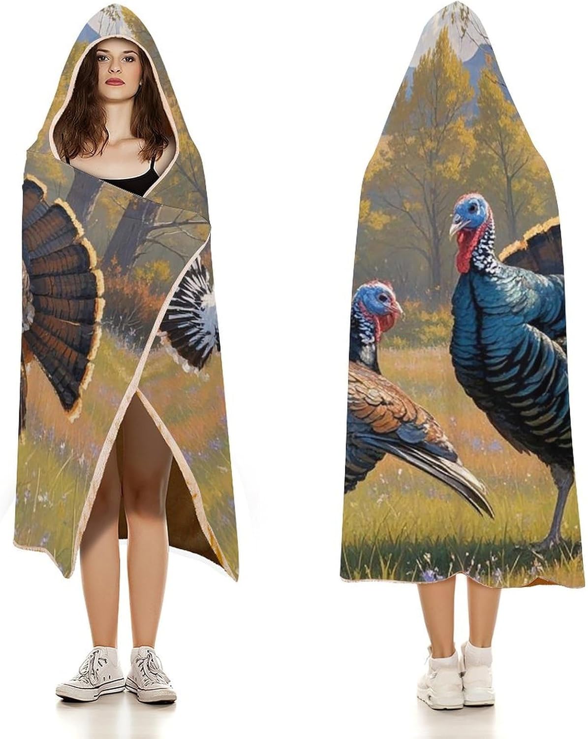 A Pair of Wild Turkeys Wearable Hooded Blanket, Ultra Soft Arctic Velvet Cape Cloak Unisex - Cozy Wearable Blanket