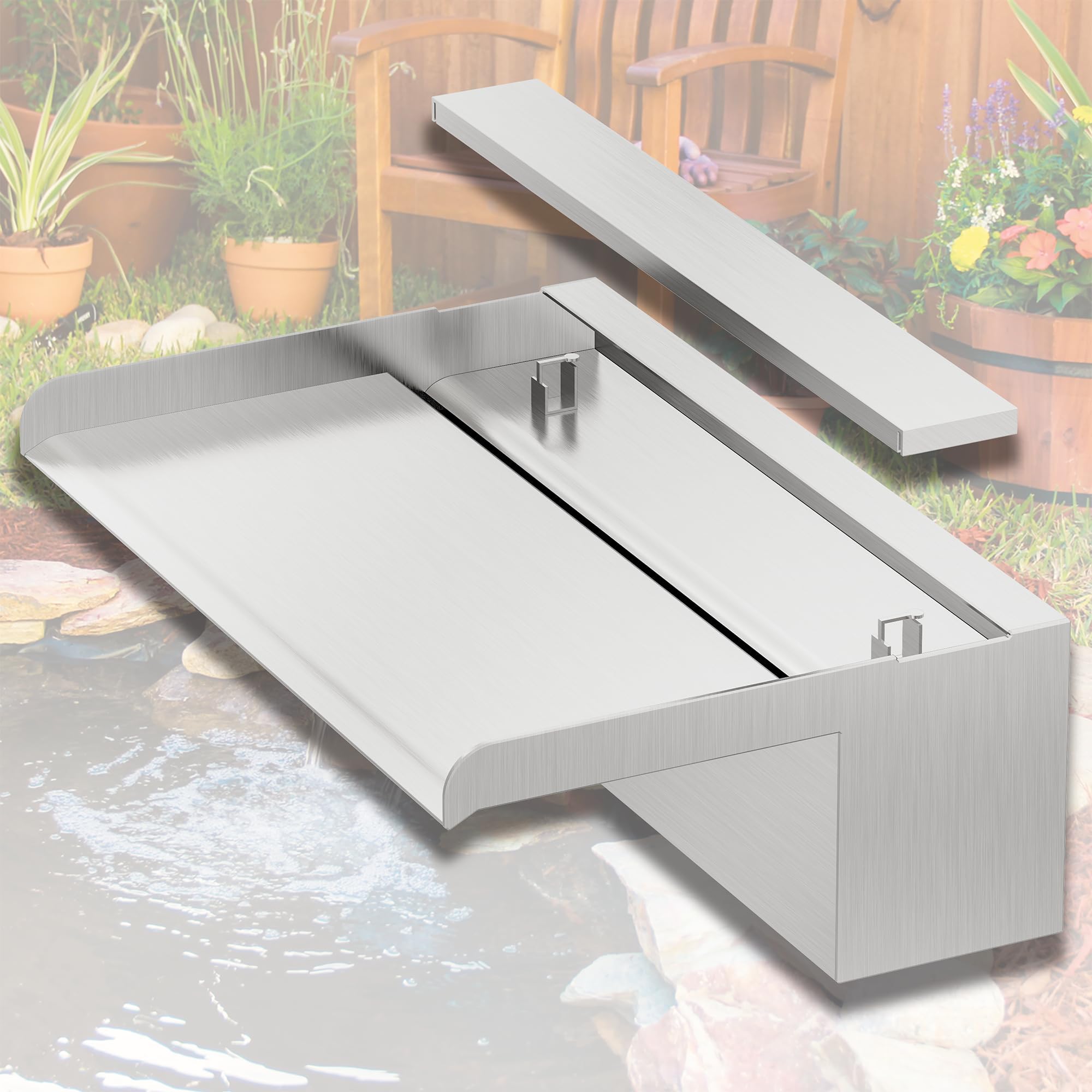 LONGRUNNEW Pond Waterfall Blade Kit, 30cm Stainless Steel Pool Fountain with Accessories, Width 20cm Spillway Water Feature Waterfall Cascade for Garden Patio Pond Decoration