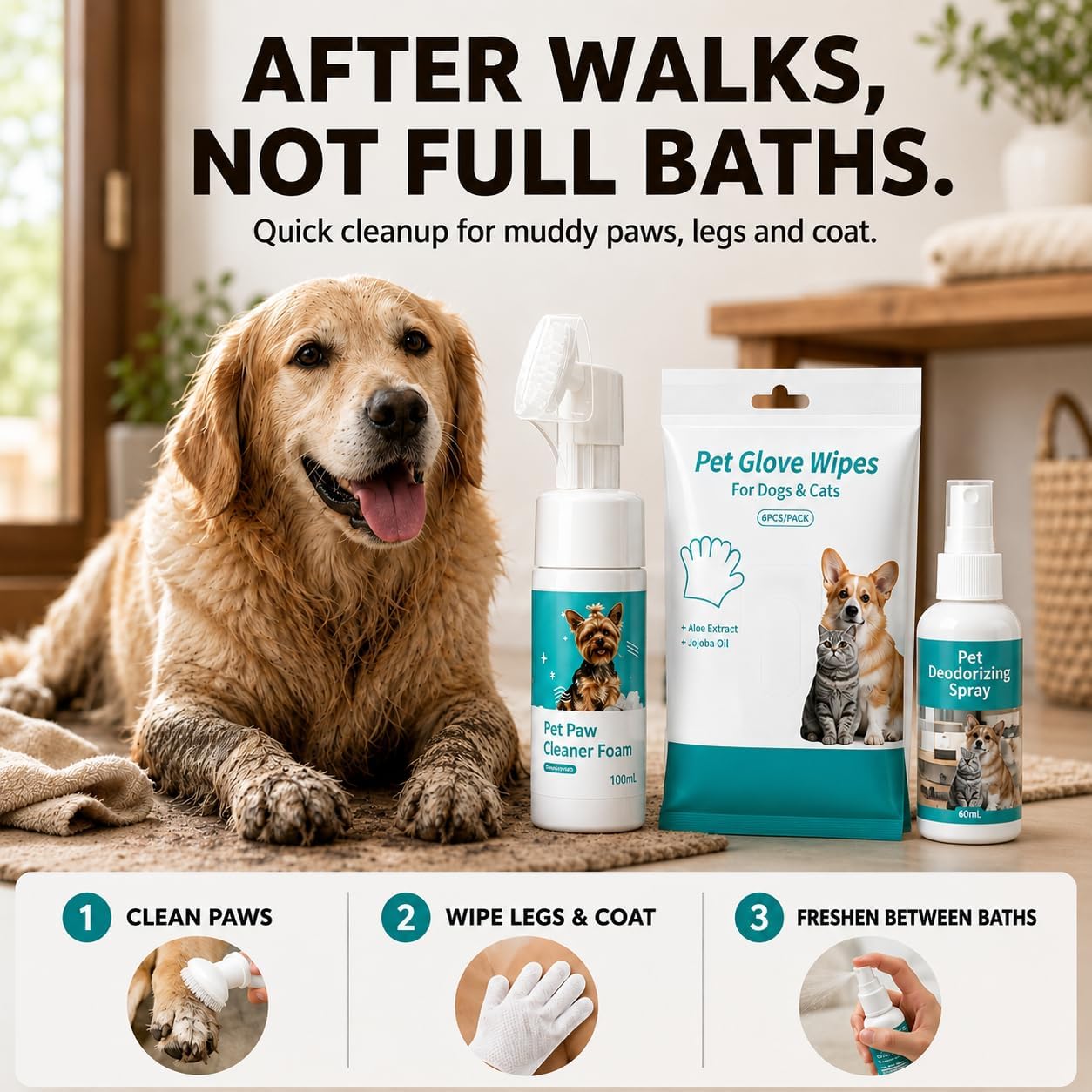 6-in-1 Dog Grooming Kit - Ear Cleaner, Paw Foam, Eye & Dental Wipes