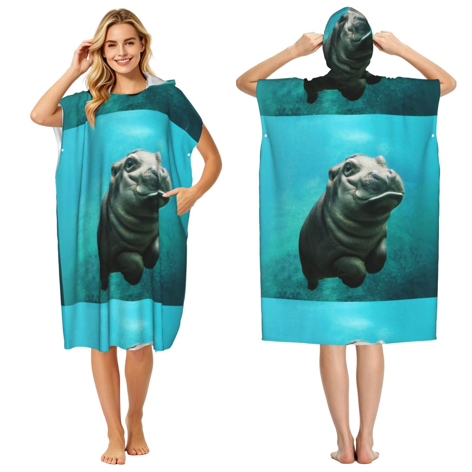 Poadnly Funny Hippo, Adult Hooded Beach Towel 90 x 110 cm,Changing Bath Robe, Surf Poncho Towel For Women Men