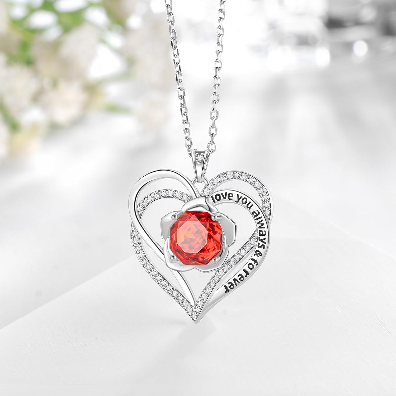 Aurora Tears Birthstone Love Heart Pendant Necklace - 925 Sterling Silver Rose Cut Cubic Zirconia I Love You Necklace Anniversary Birthday Jewelry Gift for Women Wife Mom Daughter - Image 2
