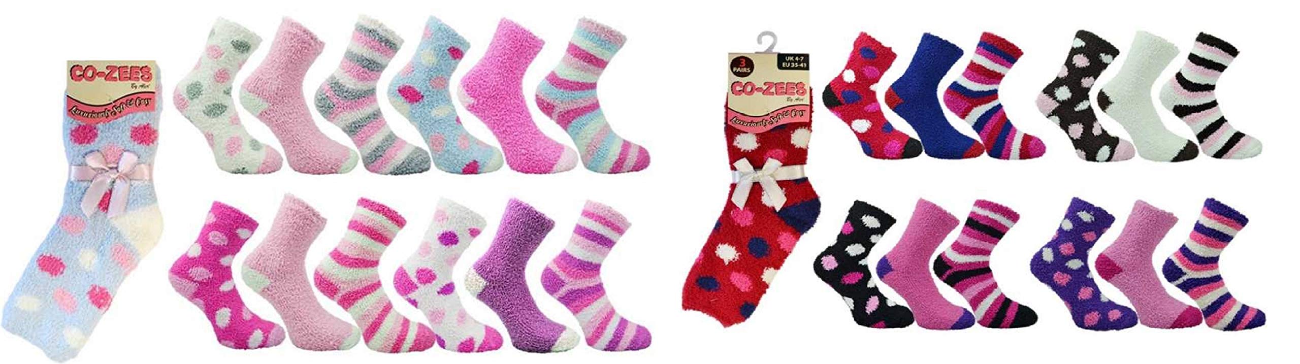 Women's Fluffy Stripes & Polka Dot Co-Zee Thermal Socks 3 Pairs