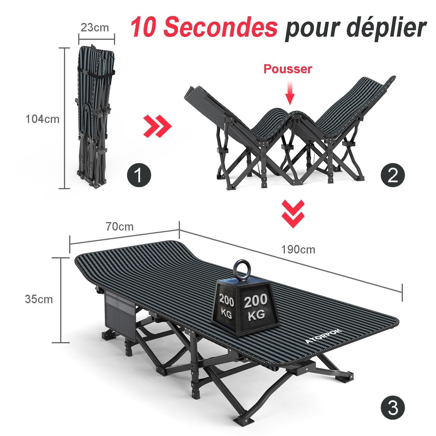 ATORPOK SHOP Lit de Camping Pliable Robuste pour Adultes,Charge Jusqu'à 200 kg, Pêche Extérieur Jardin Intérieur