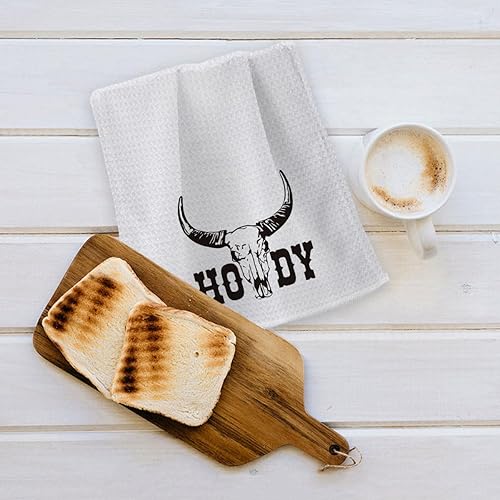 Miniatura 5 de OHSUL Toallas de cocina absorbentes retro de vaquero occidental con cabeza de toro, diseño de calavera y howdy, paño de cocina, toalla de mano