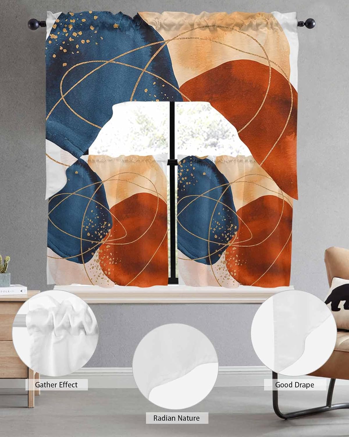 Modern Boho Swag Curtains Valance Tier Set, Rod Pocket Curtain Drapes for Bedroom Bathroom Over Sink Kitchen Curtains 3 Piece Set Red Orange Blue Geometric Abstract Art Swag Valances 24 inches Tiers