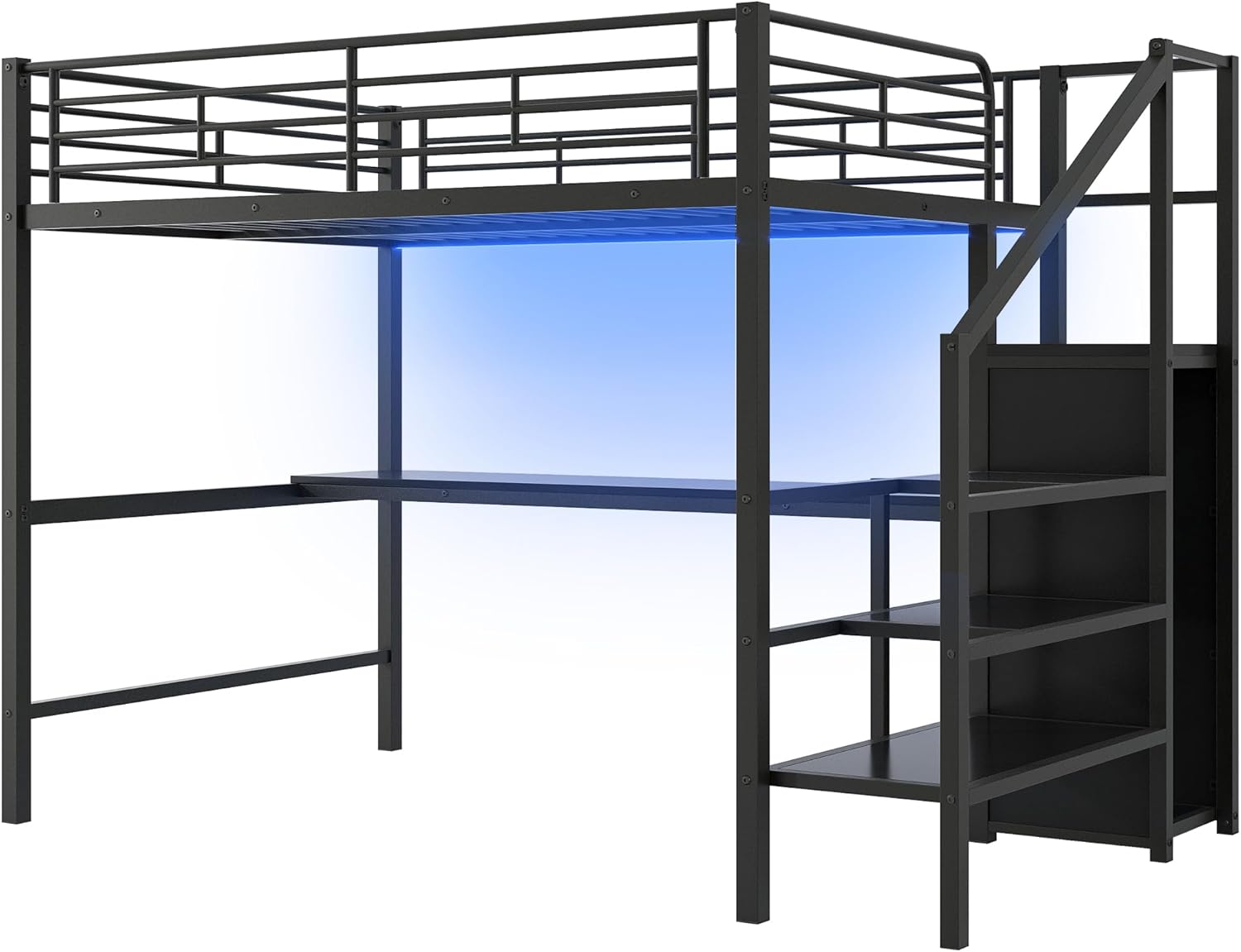 The Ball & Cast loft bed with the LED light strip illuminated in blue under the bed frame.