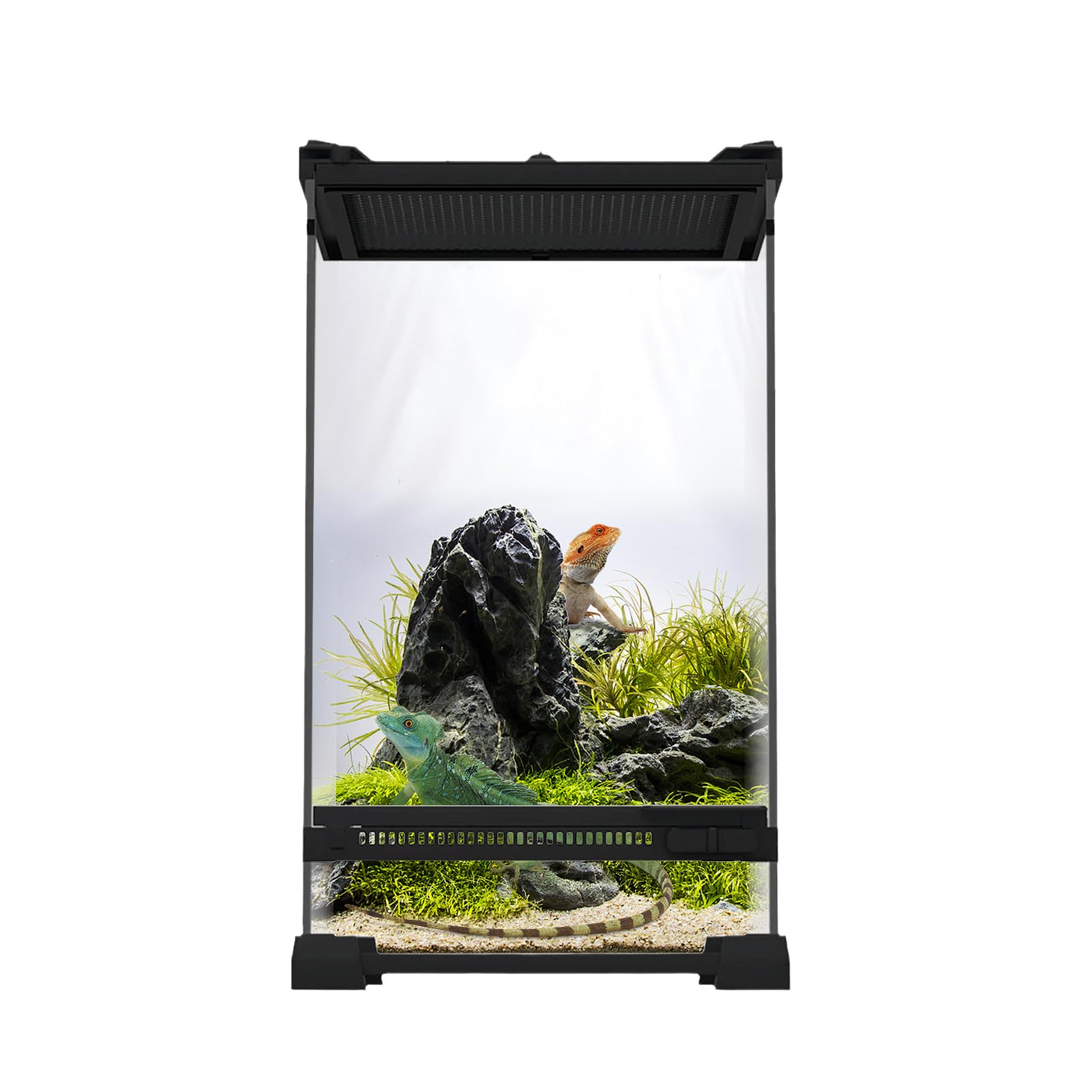 Caja de alimentación para reptiles, terrario con ventilación frontal, terrario de cristal con cierre giratorio a prueba de fugas, recipiente multiusos para reptiles, anfibios, negro, 20 x 20 x 30 cm