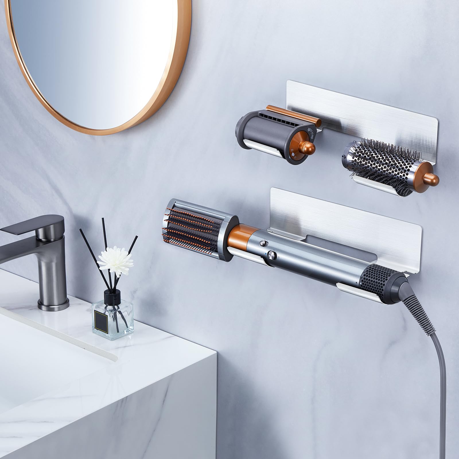Soporte para Secador y Plancha de Pelo de Pared, Sin Taladrar, para Rizadores y Alisadores, Plata