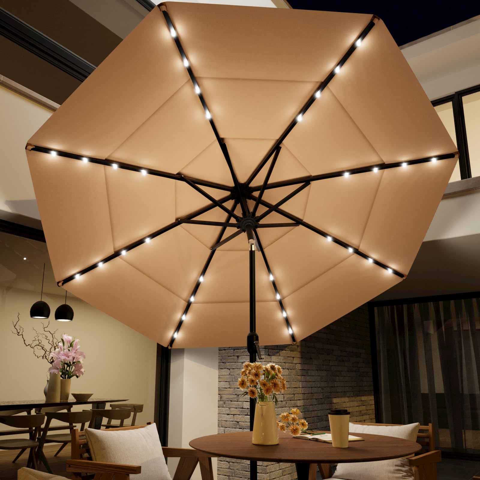 HOMPUS 9FT 3 Tiers Solar LED Patio Umbrella for Outside, Outdoor Market Umbrella with Push Button Tilt, Sun Umbrella Aluminum Patio Umbrella with 32 LEDs for Backyard, Deck, Garden, Khaki