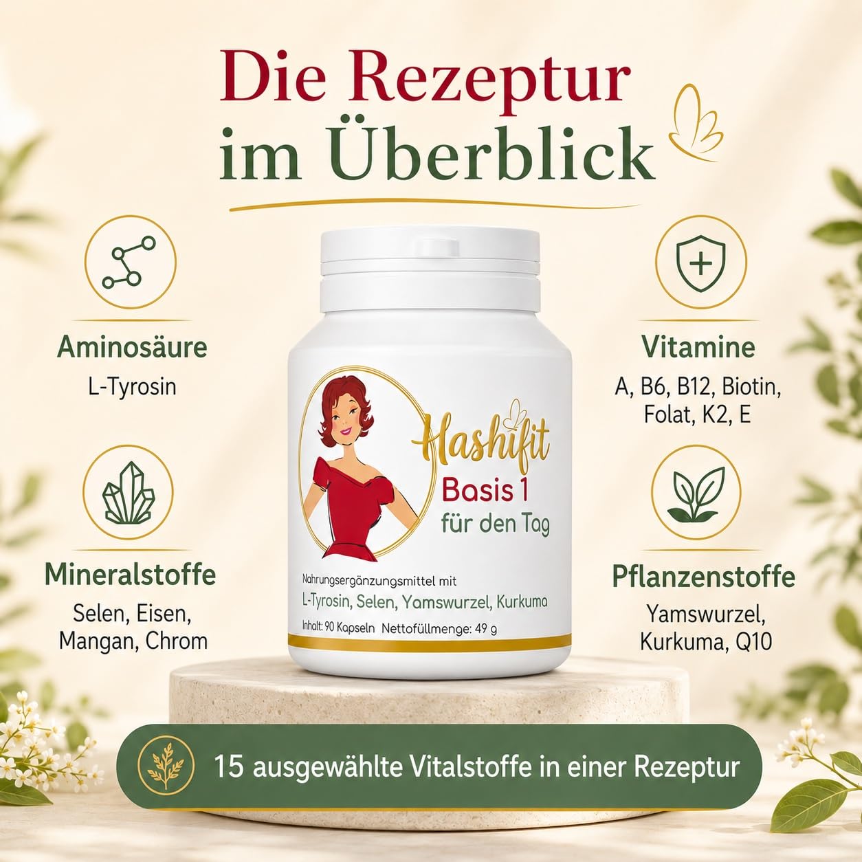 Basis 1, Schilddrüse Komplex mit Selen, L-Tyrosin Yamswurzel Kurkuma und mehr, Wechseljahre Kapseln, Hashimoto Kapseln – Energie und Wohlbefinden, hochdosiert vegan, ohne Jod, Monatspackung | 200 µg Selen + 450 mg L-Tyrosin, Q10 & B6 – jodfrei, vegan, 15