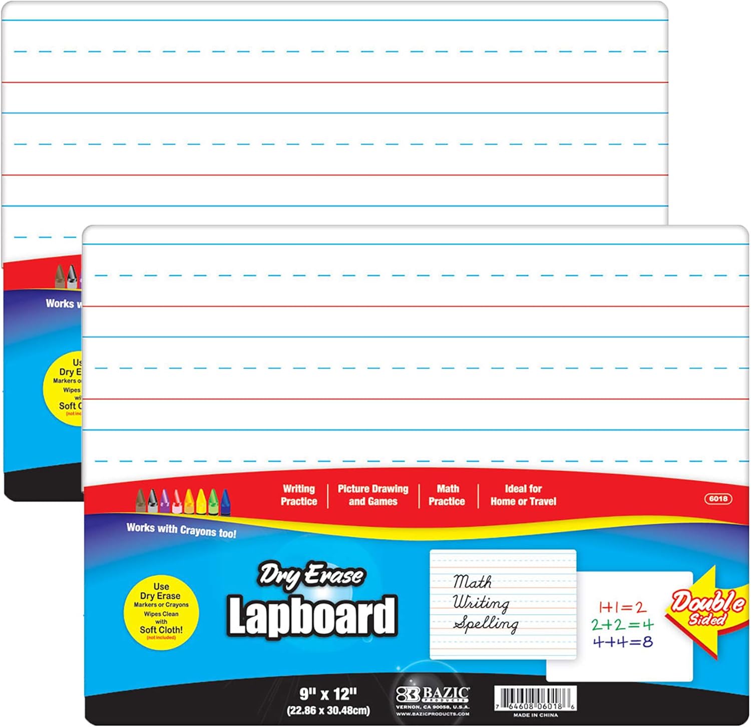 BAZIC Products Dry Erase Lap Board 9"x12", Double Sided Primary Ruled & Blank, Small Portable Whiteboards for Teacher Home, 24-Pack