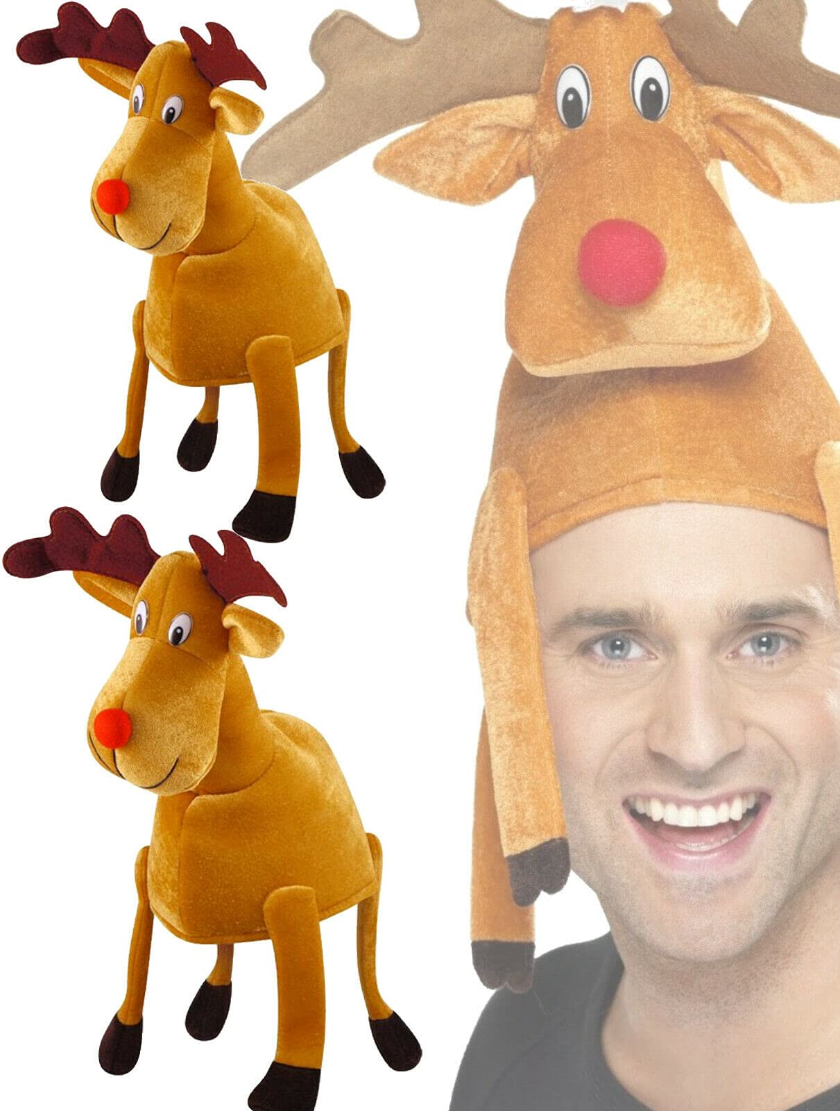 Dreamzfit® Pack of 2 Novelty Christmas Hats: Santa Hat & Reindeer Antlers Headband for Adults. Fun Xmas Party Accessories for Ugly Jumper Parties Office Events