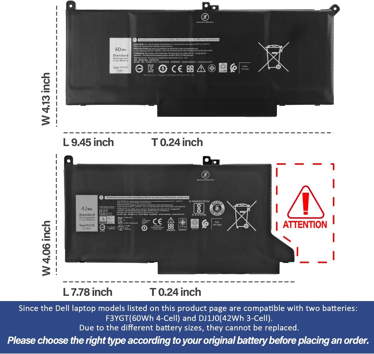 ANTIEE F3YGT Laptop Batería para DELL Latitude 12 7000 7280 7290 Latitude 7380 7390 7480 7490 E7480 E7280 Notebook 0F3YGT DM3WC DM6WC 0DM3WC 2X39G KG7VF V4940 451-BBYE 7.6V 60Wh