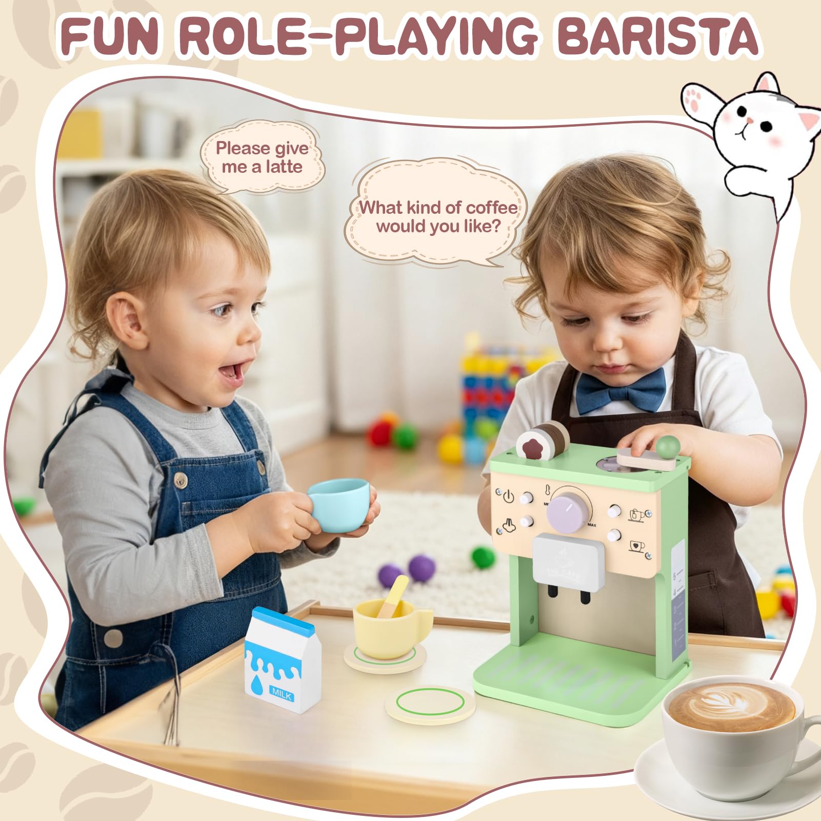 Cafetière en Bois Bébé, Jouet Jeux de Rôle Éducatif, Machine à Café Jouet Boulangerie Nourriture Accessoire Dinettes Cuisine, Cadeau Créatif Anniversaire Pâques Noël Enfant