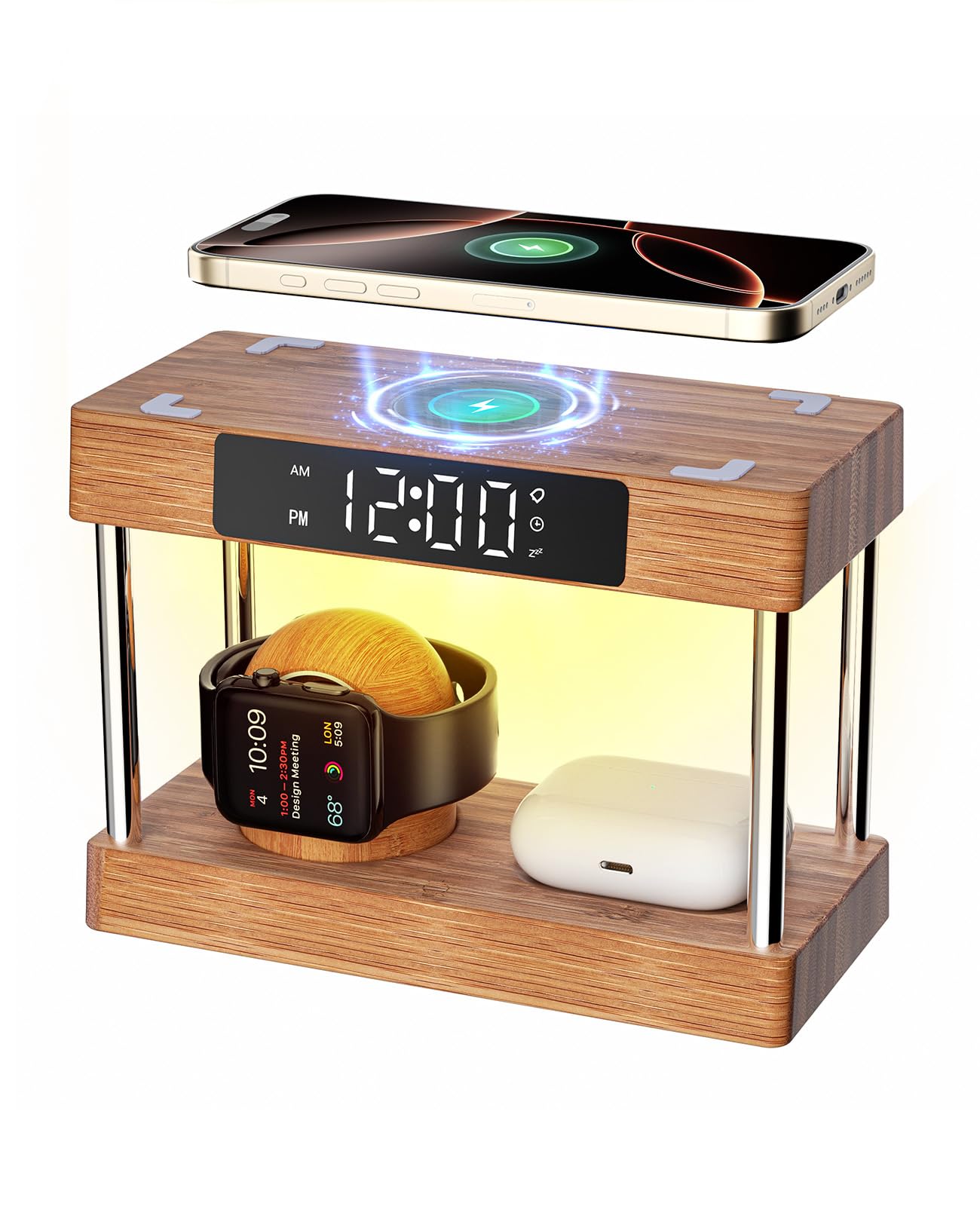 Bamboo Wireless Charging Station with Clock, Gifts for Her Him Bedside Light Alarm Clock with Wireless Charging, Bamboo Charging Station for Multiple Devices iPhones 16-8|AirPod|iWatches