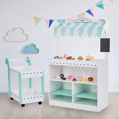 Vista 3 de Teamson Kids My Dream Bakery Shop - Soporte de postre y carrito de pastelería rodante, conjunto de juego interactivo de madera con 18 productos