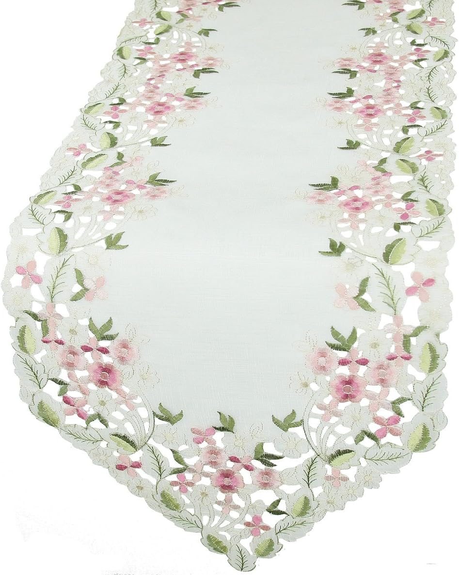 Xia Home Fashions Fairy Garden Embroidered Cutwork Spring Table Runner, 15 by 54-Inch