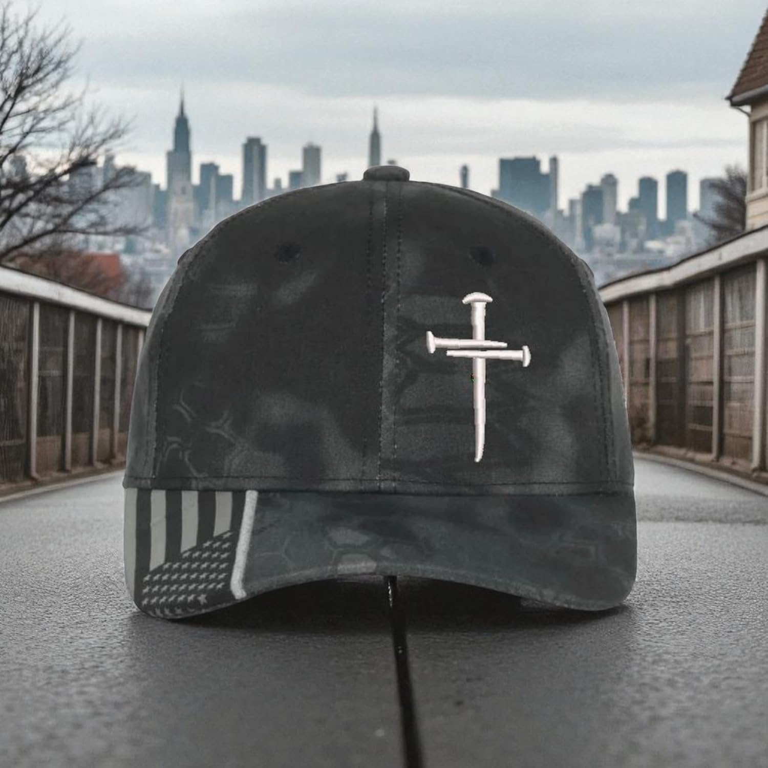 Christian Cross Baseball Cap, Religious Sacred Nails Design, Typhoon CAMO HAT with Gray Embroidered Cross and Free 4" Window Decal.