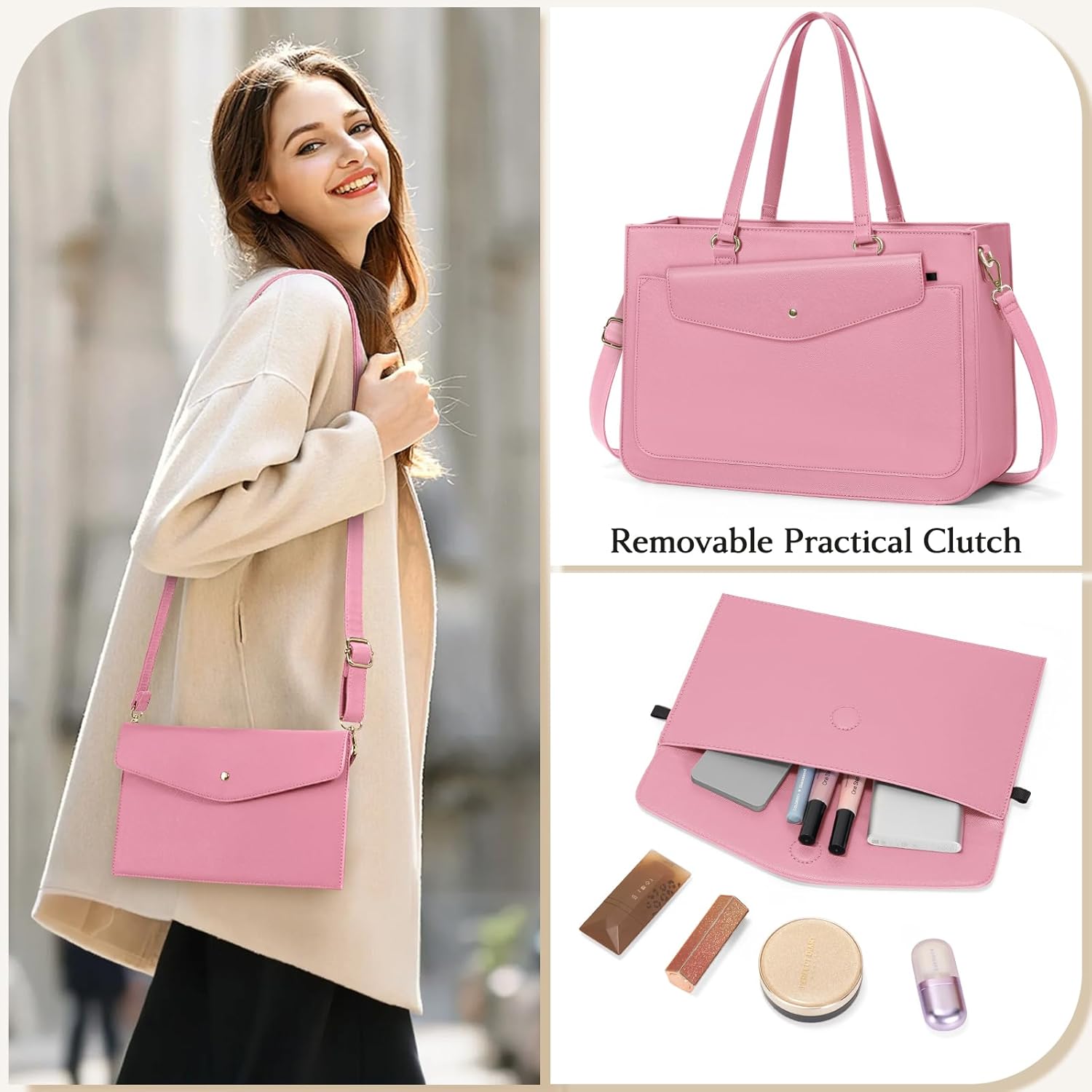 RAINSMORE Laptop Bag for Women 15.6 Inch Work Tote Bags Leather Laptop Tote Waterproof Computer Bag Professional Office Briefcase Large Handbag for College Teacher Travel, Pink - Image 5