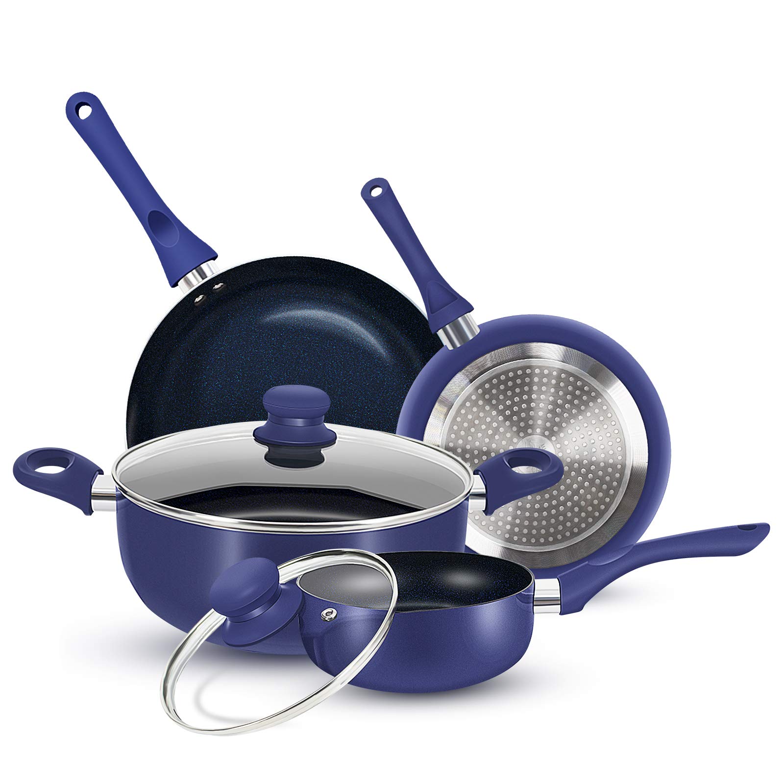 KUTIME 6pcs Cookware Set Non-stick Pots and Pans Set Blue Pan Non-stick Frying Pan Set Ceramic Coating Saucepan Stockpot w...