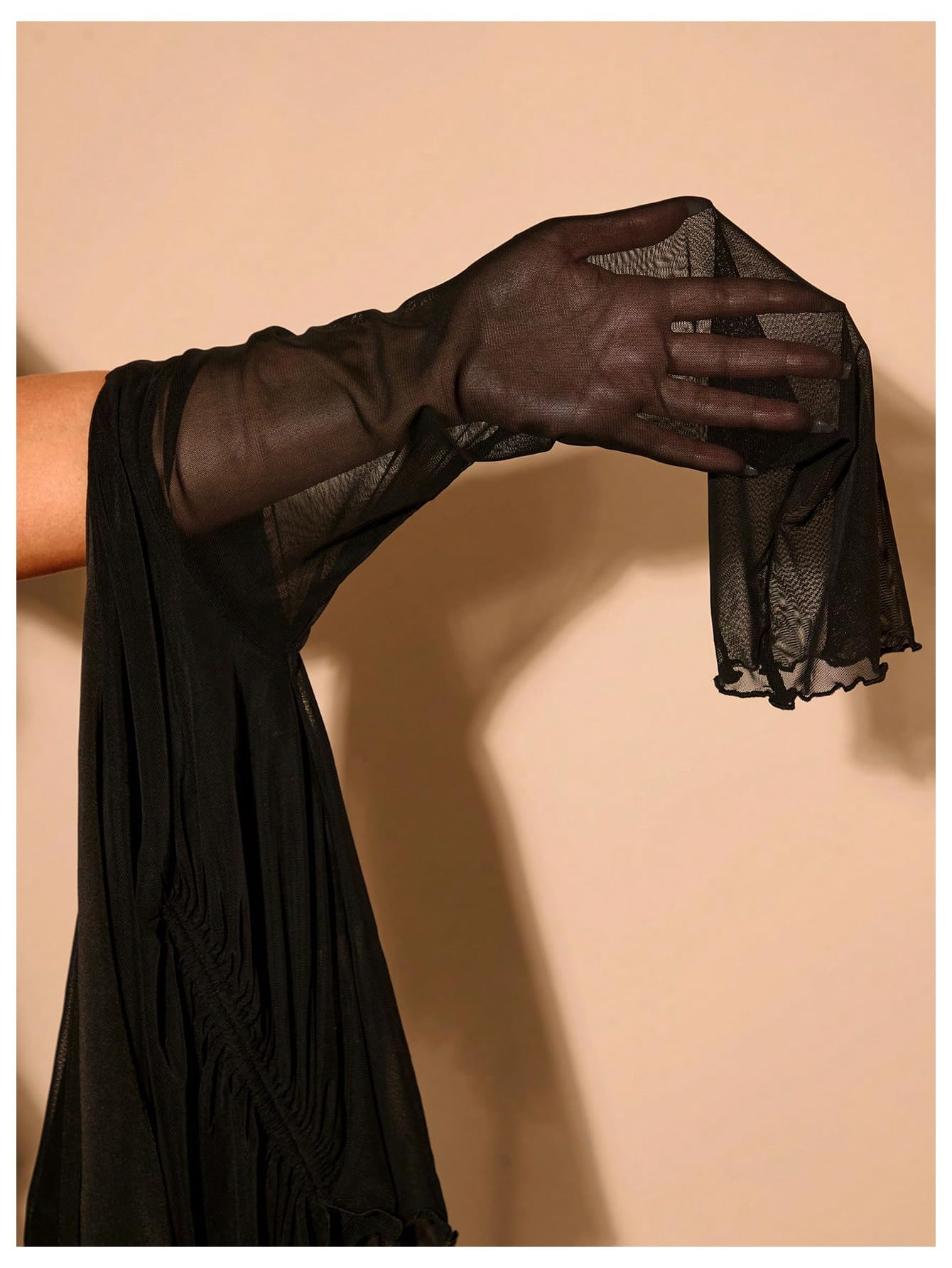 Women's Plus Size Sheer Mesh Off Shoulder Tops Long Sleeve Drawstring Asymmetrical Hem Ruched T Shirt