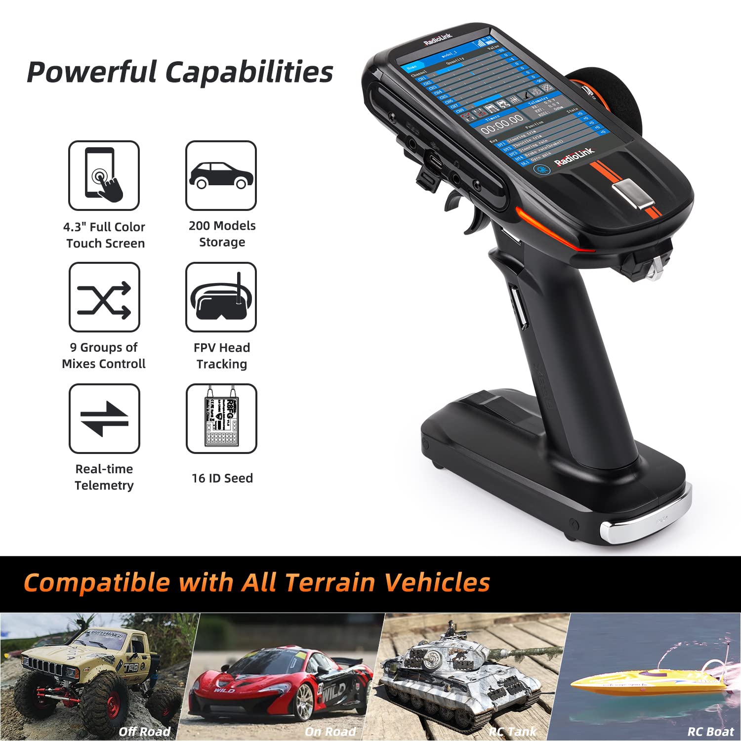 Radiolink RC8X Smart RC Fernsteuerung 8 Kanäle mit wasserdichtem Gyro-Empfänger R8FG 2PCS, 4,3" Bildschirm 200 Modellspeicher RC Fernbedienung Sender für Crawler Bagger Panzer Boot