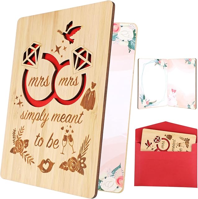 HOWAF Real Bamboo Mrs & Mrs Wedding Congratulations Card, Wooden Lesbian Wedding Anniversary Card LGBT Diamond Engagement Card for Gay Lesbian Couple Marriage, Wedding, Bridal Shower, Engagement Gifts