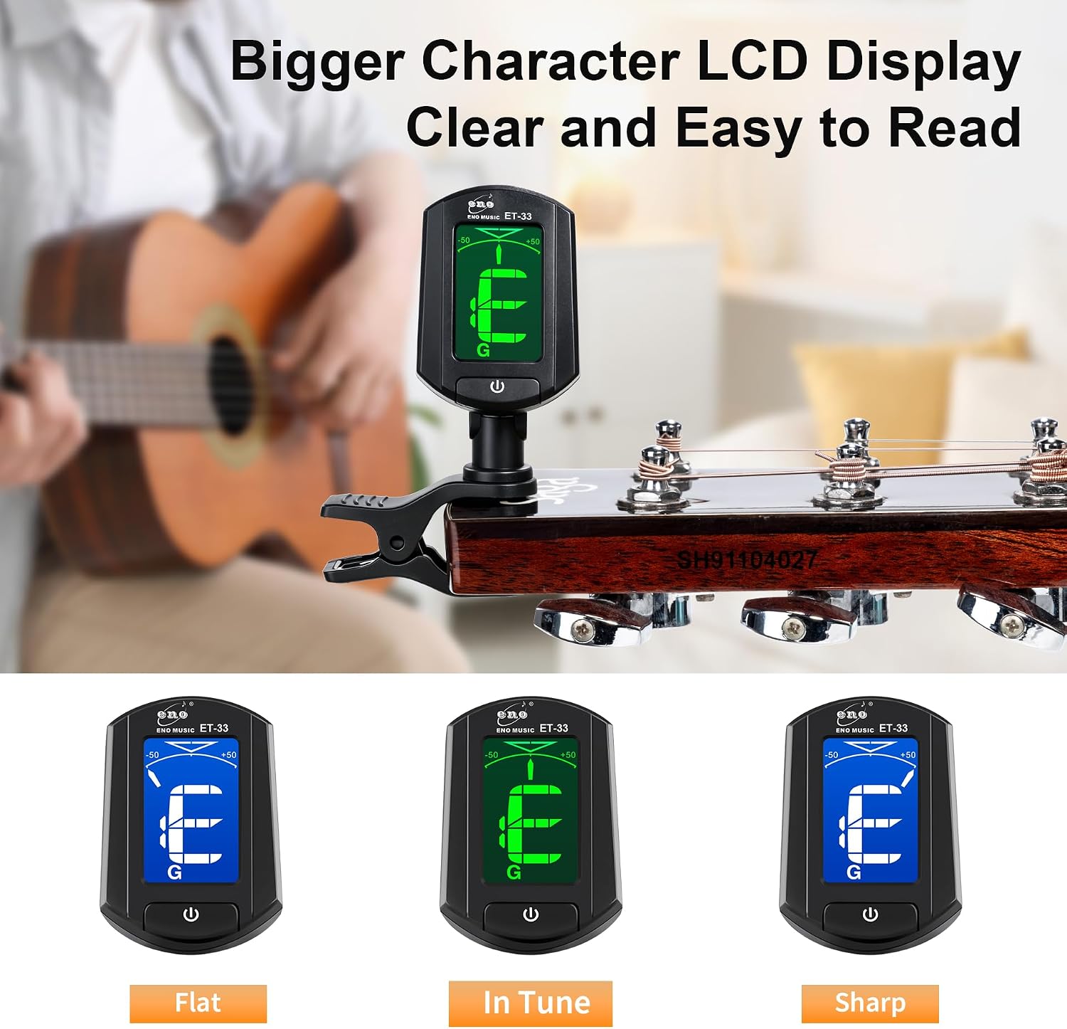 ENO MUSIC Mini Auto Chromatic Acoustic Guitar Tuner Clip on Tuner for Guitar Bass Violin Ukulele, 360 Degree Rotate, Chromatic Tuner