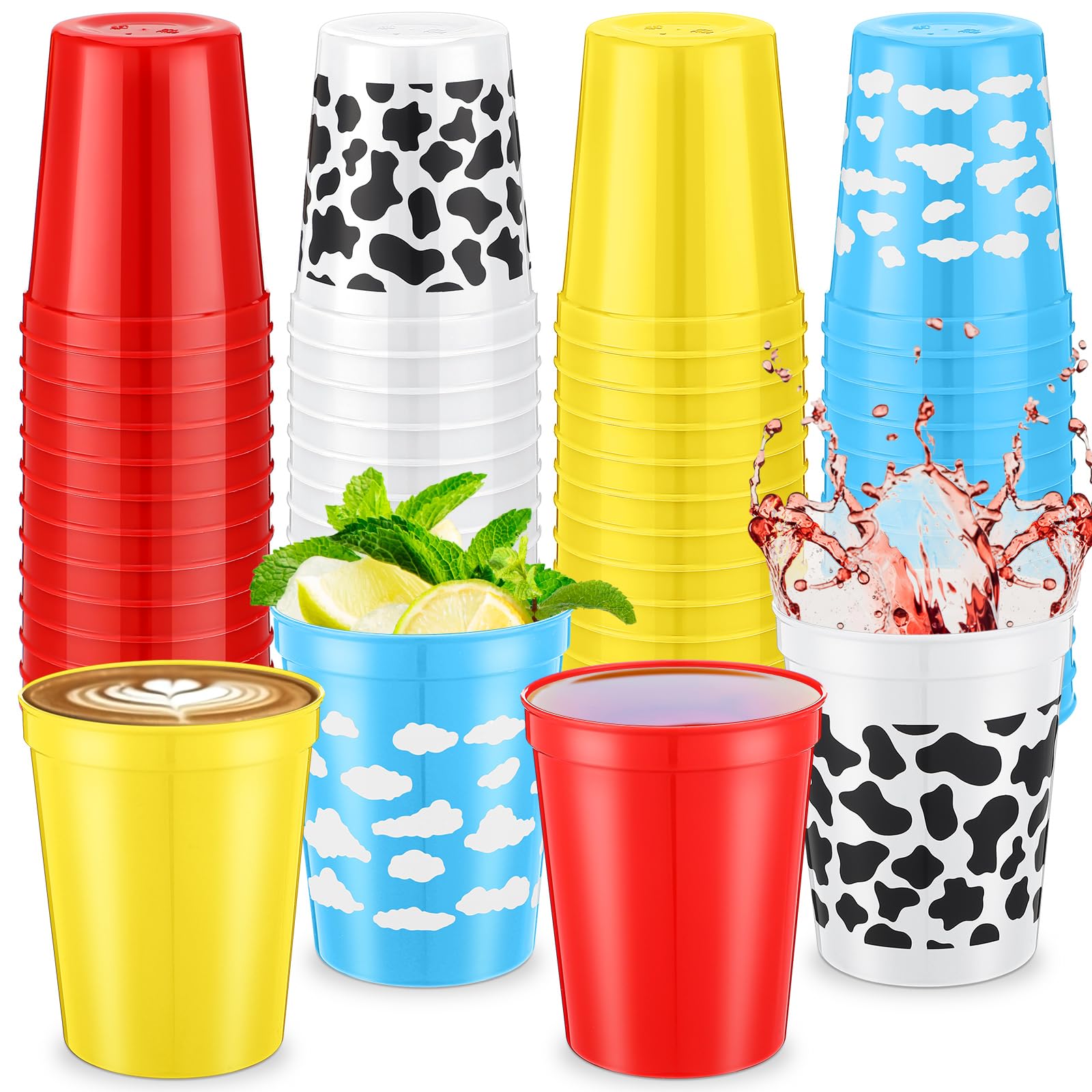 MotiMind 48 Pcs Cartoon Story Party Supplies Reusable 16 oz Plastic Cups Bulk Blue White Clouds Cow Print Fun Drinkware Cartoon Story Theme Party Decorations for Baby Shower Birthday