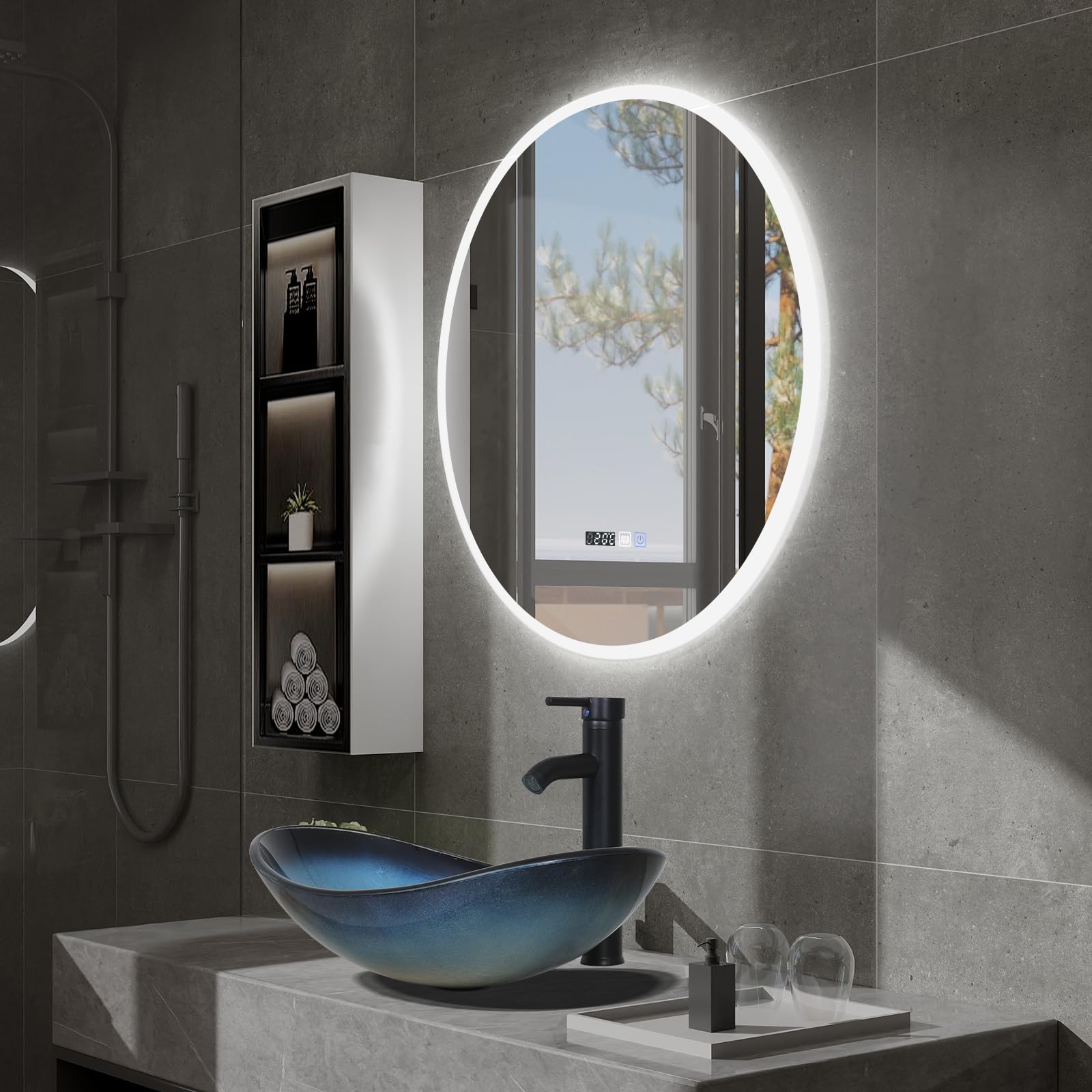 YU YUSING Specchio Bagno con Luce LED, Rotondo, 60 cm, 3 Colori, Luce Regolabili, Specchio da Parete, con Interruttore Touch e Funzione Antiappannamento, Visualizzazione del Tempo, IP44