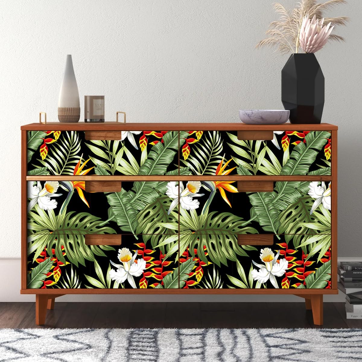 Yellow and White Flower Tropical Jungle Wallpaper ，17.71" x 236.2" Peel and Stick Bathroom Waterproof Vinyl Removable Self Adhesive Contact Paper for Kitchen Cloakroom Walkway Background Wall