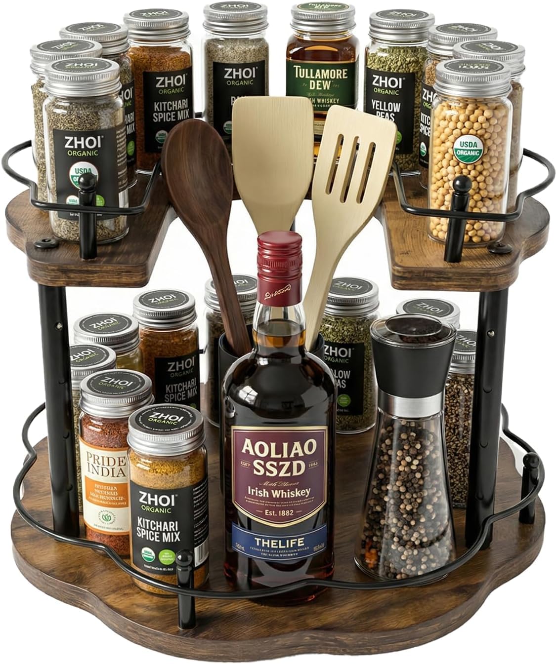 Lazy Susan bois massif double plateau tournant premium pour armoire de cuisine