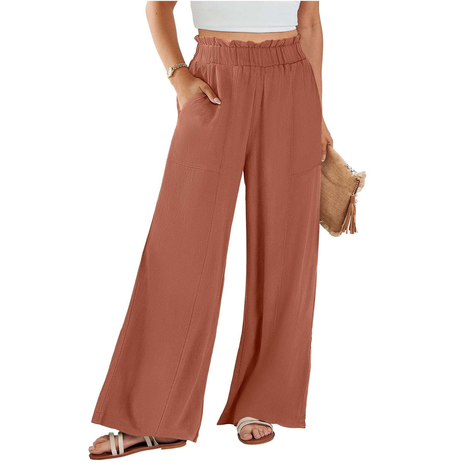 Wide Leg Dress Pants for Women Elastic Waist Loose Fit Work Pants Casual High Waisted Dressy Trousers with
