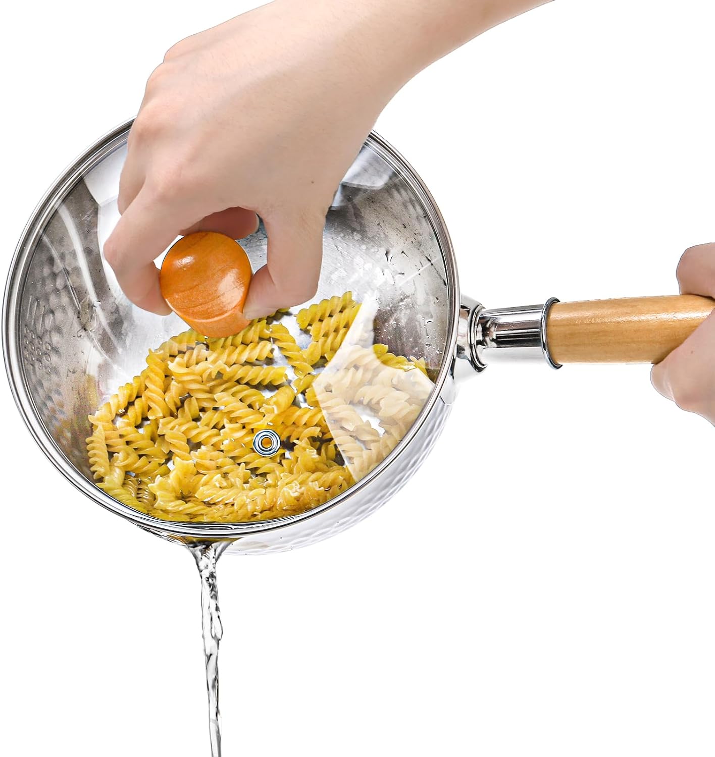 DEAYOU Stainless Steel Saucepan with Steamer, 1.2 Quart Yukihira Sauce Pan with Lid, Traditional Japanese Small Cooking Pot with Wood Handle and Two Side Spouts for Milk, Ramen, Soup, Tempura, 7"