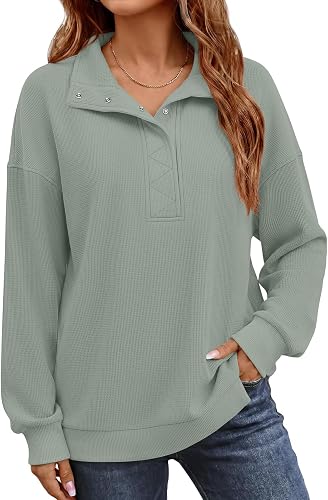 Waffle Half Placket Long Sleeve Shirts for Women Button Lapel Soft Fall Top