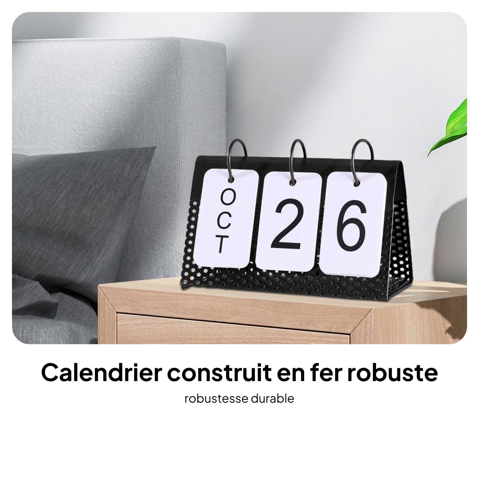 Sharplace Calendrier perpétuel créatif, décor de tournage de table à cadre en métal pour la maison, Le noir