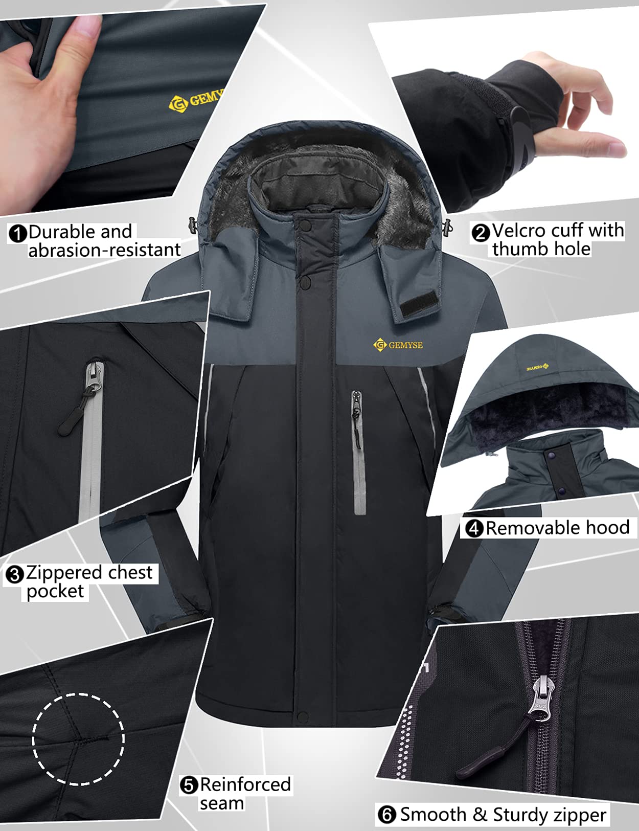 GEMYSE Uomo Giacca da Sci impermeabile montagna Giacche Pile invernale antivento Cappotto con Cappuccio