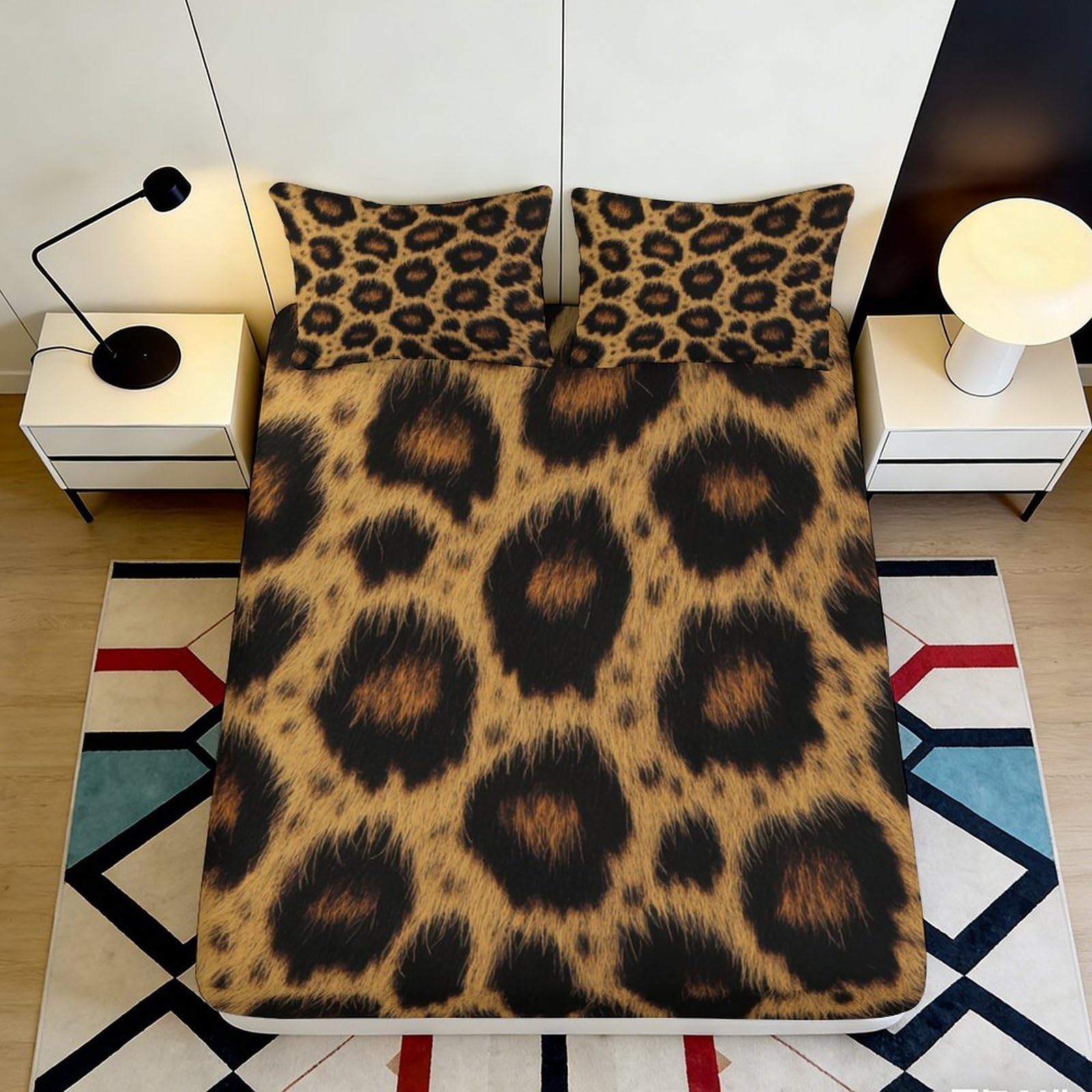 3D Printed Leopard Print Fitted Sheet Microfiber Soft Durable Animal Pattern Bed Cover for Bedroom Dormitory Guest Room Mattress Protection 120x200x25cm