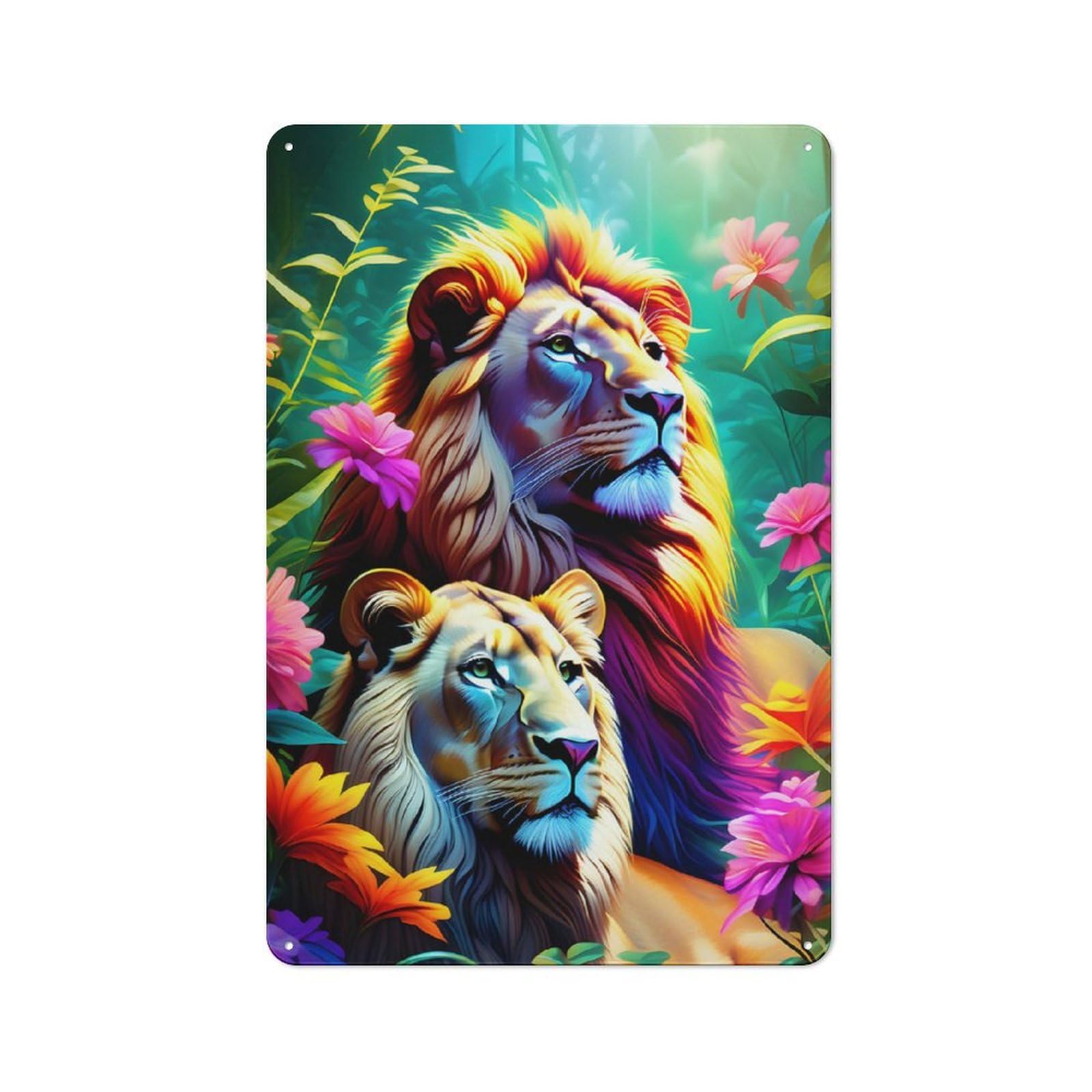 Junmoney Blossom Lion Kings Printed Metal Sign 30X20cm For Guest Room Or Hallway, Suited To Home Decor Collectors