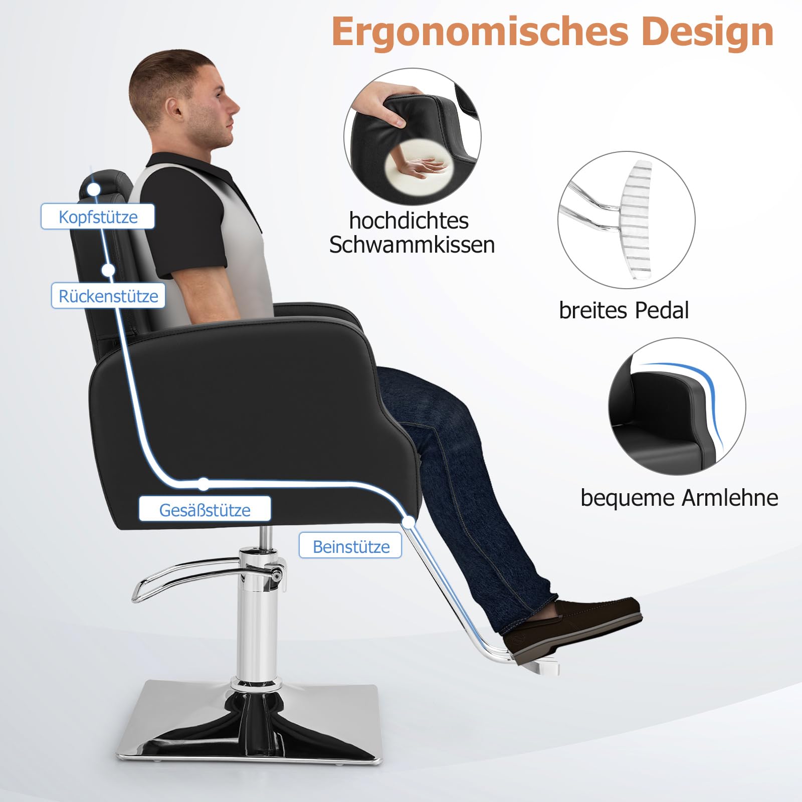 COSTWAY Friseurstuhl mit Kopfstütze, Rückenlehne und Hydraulikpumpe, Salonstuhl höhenverstellbar, Friseursessel 360° Drehung, Bedienungsstuhl belastbar bis 150kg