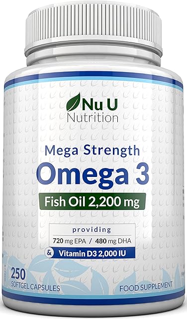 Omega 3 Fish Oil 2200mg & Vitamin D3 2000IU 250 Capsules Over 4 Months Supply 720mg EPA & 480mg DHA per Serving High Strength 1100mg Fish Oil per Capsule