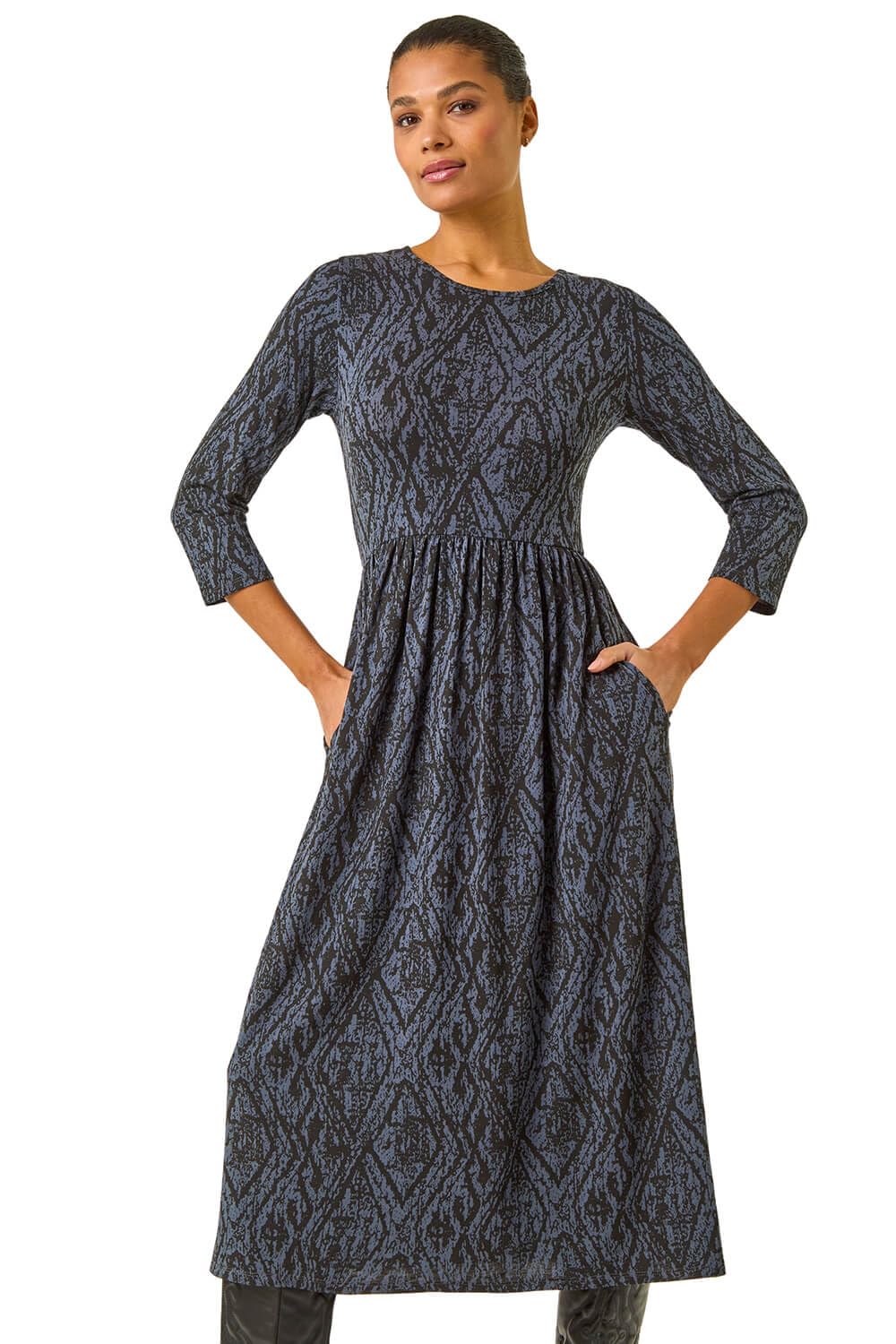 Roman Originals Midi Dress with Pockets for Women UK Ladies Stretchy Jersey Maxi Long 3/4 Length Sleeve Gathered High Waist Boho Flattering Skater Swing Fit Flare - Abstract Grey - Size 16