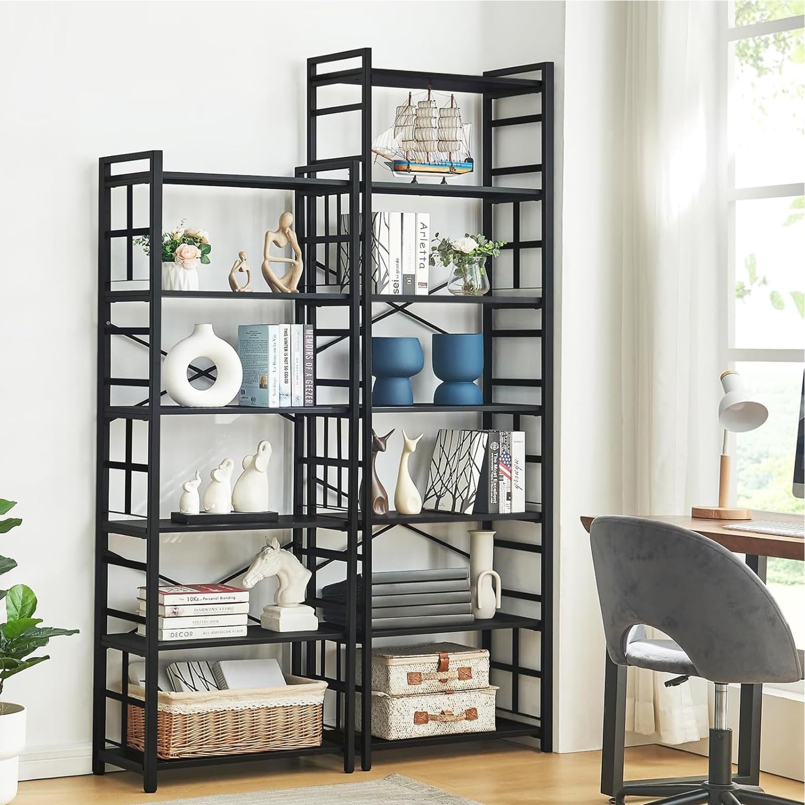 HOMBAZAAR Regał na książki 7-poziomowy, 213 cm, przemysłowy regał z metalową ramą i otwartymi półkami, rustykalny wytrzymały regał na książki do salonu i sypialni, czarny